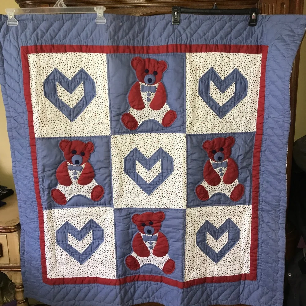 Donna Sharp Teddy Bear Hearts Red White Blue Baby Cotton Throw Blanket 45” Quilt
